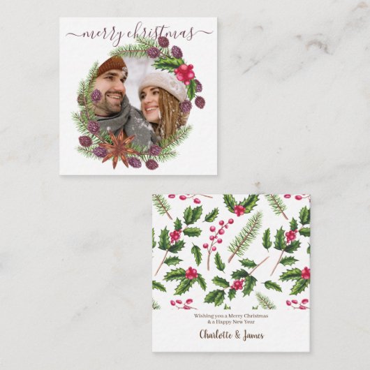 バジェットパーソナライズされたフォトクリスマスホリーリース ノートカード (正面/裏面)