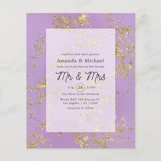 バジェットパープルと金ゴールド大理石結婚式招待状 チラシ (正面)