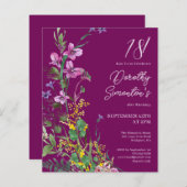 バジェットパープルイエローフローラ18番目の誕生日招待状 (正面/裏面)