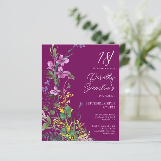 バジェットパープルイエローフローラ18番目の誕生日招待状 (スタンド正面)