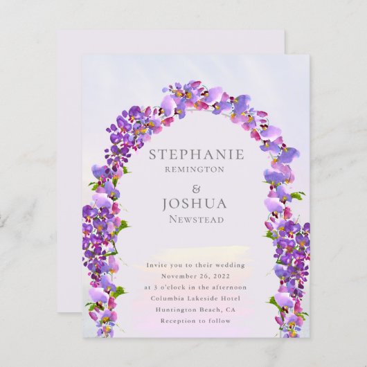バジェットパープルウィステリアフローラ結婚式招待状 (正面/裏面)