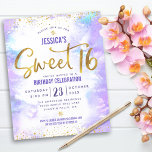 バジェットパープルウォーターカラースウィート16金ゴールド招待状<br><div class="desc">「Happy Sweet 16」。イベントが思い出す素晴らしためガーリーに、この、スパークモダンリー、カスタムフェスティバル、パーソナライズされた、パーティの招待状の予算を送信する。淡い金ゴールドホイルフェイクと小さな紙吹雪グリッタードットとタイポグラフィスクリプトは、柔らかい紫の水色の背景をオーバーレイ。娘の名カスタム前と他のパーティー詳細で文字をパーソナライズする。グリッター素晴らしとグラムを愛しファッショニスタてモダン、彼女の特別なパーティーにおもしろいを追加することを保証した出芽のためのスタイリッシュ!誕生日の女の子の名前、誕生日の年、パーティーの会場情報を入力するだけで、簡単にこの予算の誕生日の招待をカスタマイズできる。質問や要望があれば私に連絡して下さい。</div>