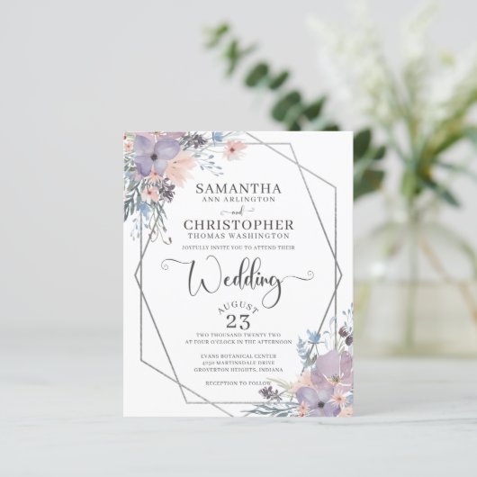 バジェットパープルウォーターカラーフローラ結婚式招待状 (スタンド正面)