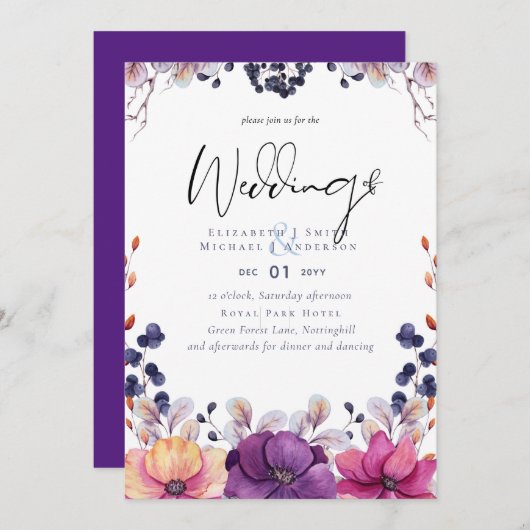 バジェットパープルオレンジダークまで夜明け結婚式の招待 招待状 (正面/裏面)