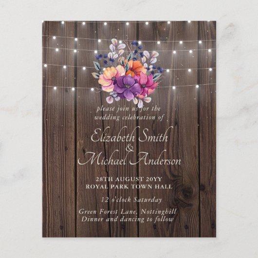 バジェットパープルオレンジフローラ結婚式の招待 チラシ (正面)