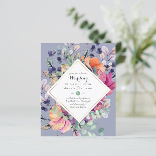 バジェットパープルオレンジフローラ結婚式招待状 (スタンド正面)