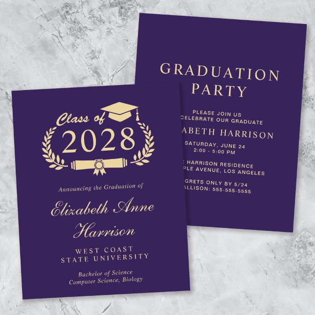 バジェットパープルカレッジ卒業パーティの招待状 (An elegant college graduation party invitation to celebrate the graduate's achievements)