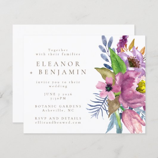 バジェットパープルガーデンフローラ結婚式招待状 (正面/裏面)