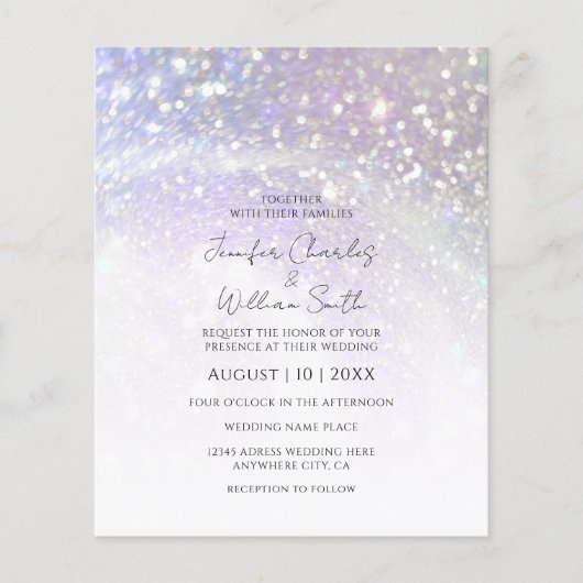バジェットパープルグリッターモダン結婚式招待状 (正面)