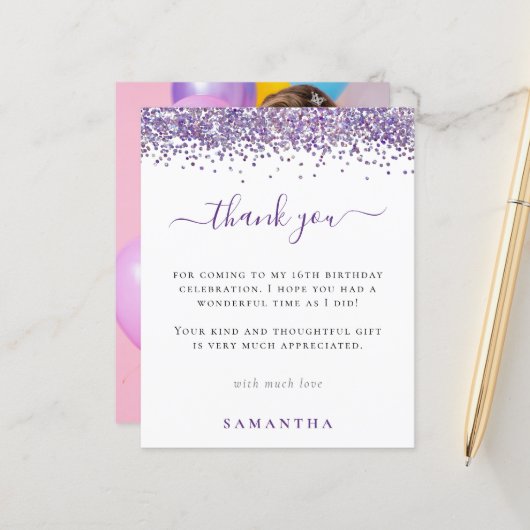 バジェットパープルグリッター写真甘い16ありがとう (正面/裏面インサイチュ)
