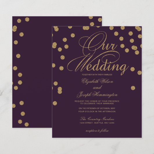 バジェットパープルグリッター紙吹雪結婚式招待状 (正面/裏面)