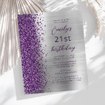 バジェットパープルシルバーグラム21st誕生日招待状<br><div class="desc">この離れ誕生会の招待の手の端は紫のグリッターを備え縁どている。カスタマイズ可能な文字は、シルバーブラシ仕上げメタルの背景に紫のスクリプトとサンセリフのフォントを組み合わせフェイクたソフトウェアである。裏面は一致するデザインを備える。</div>