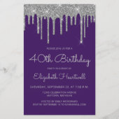 バジェットパープルシルバーグリッター40th誕生日招待状 (正面)