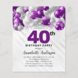 バジェットパープルシルバーバルーングリッター40th誕生日<br><div class="desc">Glam紫モダン紫バイオレットシルバーバルーングリッター任意の年齢誕生日招待状</div>