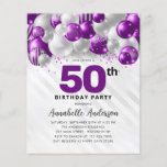 バジェットパープルシルバーバルーングリッター50誕生日<br><div class="desc">Glam紫モダン紫バイオレットシルバーバルーングリッター任意の年齢誕生日招待状</div>