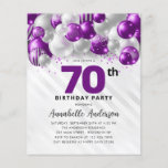 バジェットパープルシルバーバルーングリッター70誕生日<br><div class="desc">Glam紫モダン紫バイオレットシルバーバルーングリッター任意の年齢誕生日招待状</div>