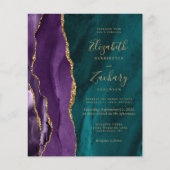 バジェットパープルティール(緑がかった色)金ゴールドアゲート結婚式招待状 (正面)