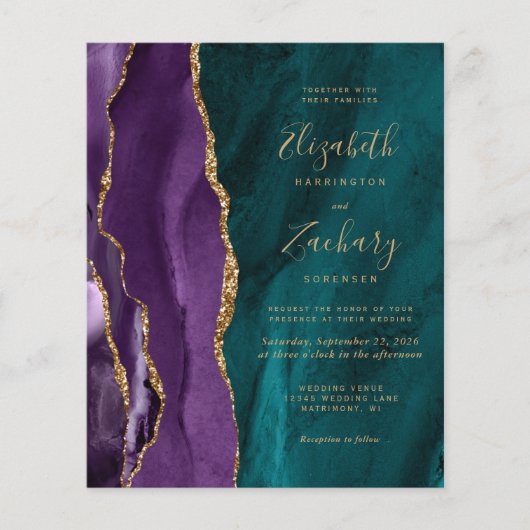 バジェットパープルティール(緑がかった色)金ゴールドアゲート結婚式招待状 (正面)