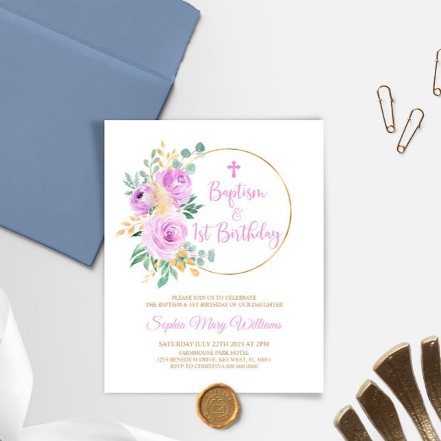 バジェットパープルバプテスマ&ファースト誕生日招待状 (クリエイターアップロード済み)