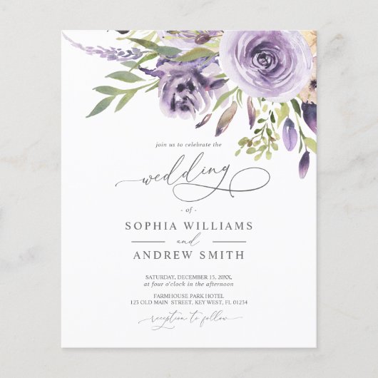 バジェットパープルバラエレガントウェディング招待状 (正面)