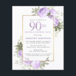 バジェットパープルバラ90th誕生日サプライズパーティー<br><div class="desc">この90歳の誕生日パーティーエレガントの招待でフェミニン特別な女性を尊重する。90位は大書紫文字。誕生日サプライズ後を追パーティー。お客様の名前も紫の大文字で表記されている。残りの文字は柔らかいハト灰色。90誕生祝いの詳細は、紫のバラとセージの緑ので飾あるシックな金ゴールドフレームに囲ま離れれている。デザインの間伝統的に、開いた風通しの良い植物性の葉と文字与えはバイブコンテンポラリーだ。その招待は柔らかい紫だ。残念ながら、90の数字は編集できない。もうもし1年お願いだから、カスタムデザインを作って嬉しいよ。</div>