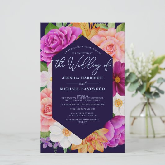バジェットパープルピンクローズフローラ結婚式招待状 (スタンド正面)