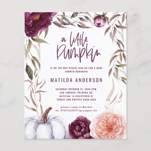 バジェットパープルピーチカボチャ秋ベビーシャワー チラシ (正面)