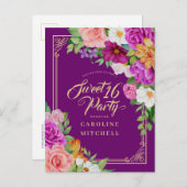 バジェットパープルフローラウォーターカラースウィート16 インビテーションポストカード (正面/裏面)