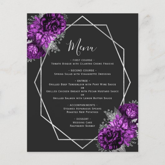 バジェットパープルフローラシルバージオブラック結婚のメニュー (正面)