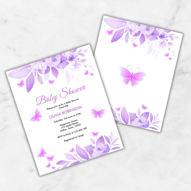 バジェットパープルフローラバタフライベビーシャワー招待状 (Budget Purple Floral Baby Girl Butterfly Baby Shower Invitation )