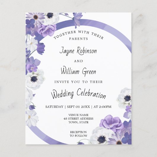 バジェットパープルフローラフレーム結婚式招待状 (正面)