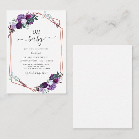 バジェットパープルフローラ幾何学少女ベビーシャワー ノートカード (正面/裏面)