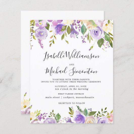 バジェットパープルフローラ植物学結婚式招待状 (正面/裏面)