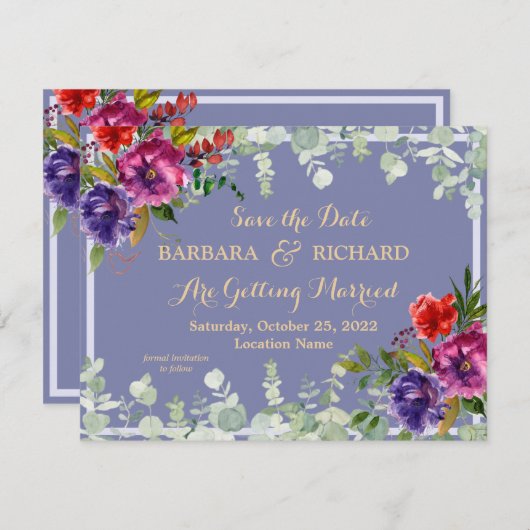 バジェットパープルフローラ水救色日付 招待状 (正面/裏面)