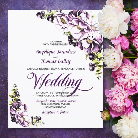 バジェットパープルフローラ結婚式招待状