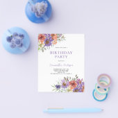 バジェットパープルフローラ誕生日招待状 チラシ (シングル)