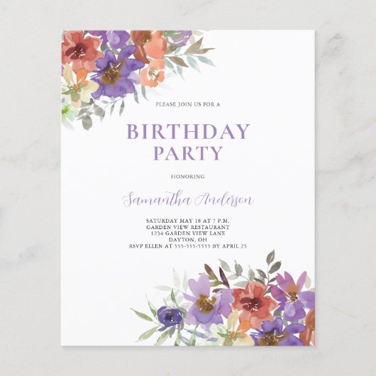 バジェットパープルフローラ誕生日招待状 チラシ (正面)