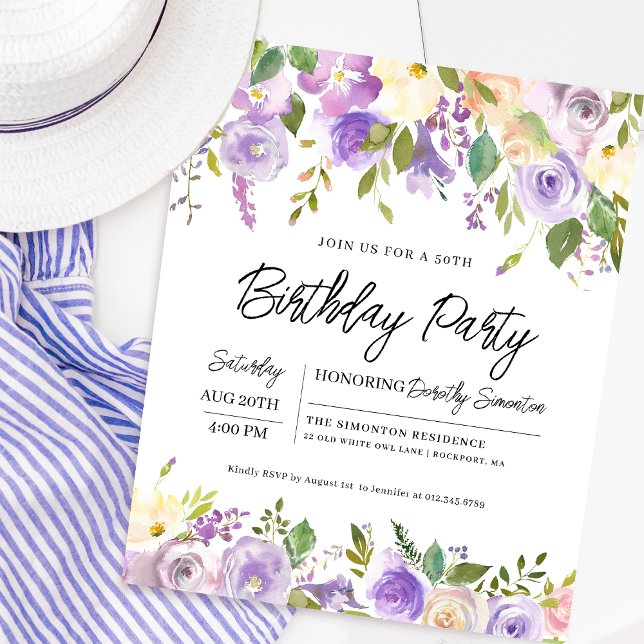 バジェットパープルフローラ50th誕生日招待状 (Matching welcome signs and party supplies available. Message me for help finding them!)