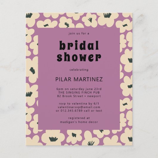 バジェットパープルホワイトフローラブライダルシャワー招待状 (正面)