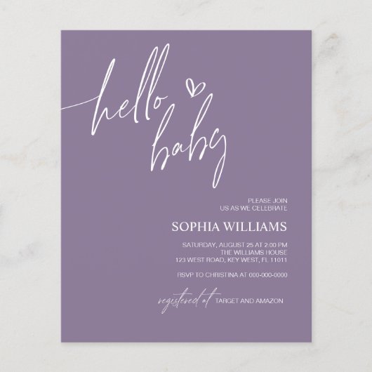 バジェットパープルミニマリストベビーシャワー招待状 (正面)