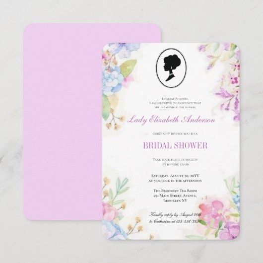バジェットパープルワイルドフラワーズブリジガートンブライダルシャワー 招待状 (正面/裏面)