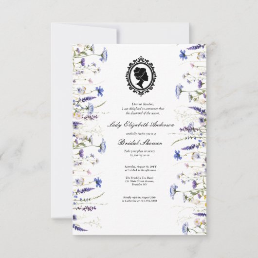 バジェットパープル花模様ブリジガートンブライダルシャワー 招待状 (正面)