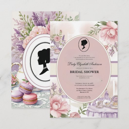 バジェットパープル花模様ブリジガートンブライダルシャワー 招待状 (正面/裏面)
