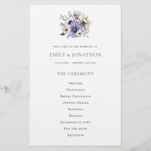 バジェットパープル花模様リーフ結婚式 プログラム (正面)