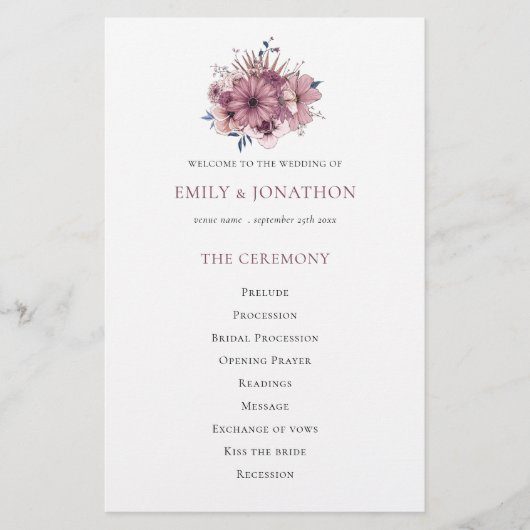バジェットパープル花模様リーフ結婚式 プログラム (正面)