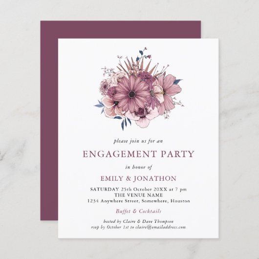 バジェットパープル花模様婚約パーティ招待状 (正面/裏面)