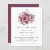 バジェットパープル花模様結婚ズ夕べパーティー招待状 (正面/裏面)