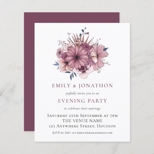 バジェットパープル花模様結婚ズ夕べパーティー招待状 (正面/裏面)