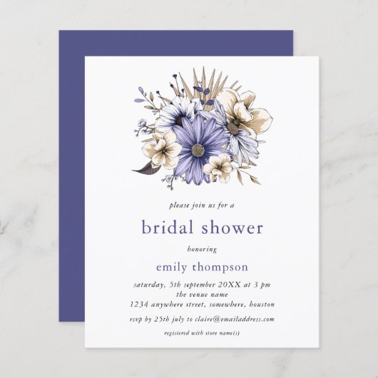 バジェットパープル薄紫花模様ブライダルシャワー招待状 (正面/裏面)