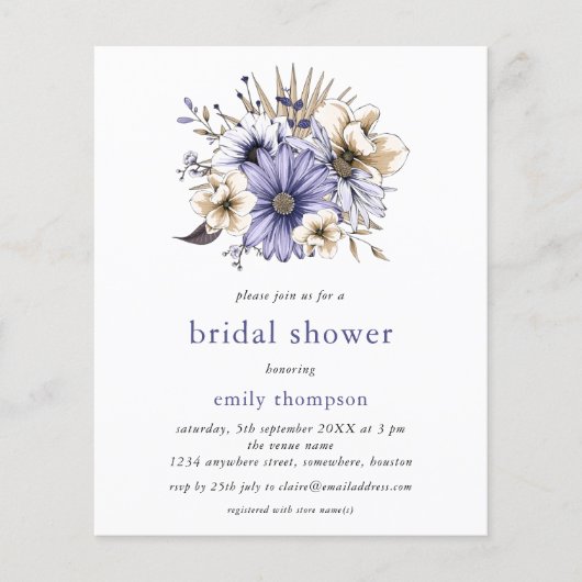 バジェットパープル薄紫花模様ブライダルシャワー招待状 (正面)